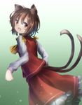  animal_ears brown_eyes brown_hair cat_ears cat_tail chen ear_piercing earrings fang highres jewelry long_sleeves looking_at_viewer looking_back minamina multiple_tails nekomata no_hat no_headwear open_mouth piercing shirt skirt skirt_set smile solo tail touhou vest 
