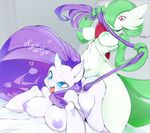  ass blue_eyes breasts commentary crossover dark_nipples gardevoir gen_3_pokemon green_hair hair_over_one_eye heavy_breathing horn large_breasts long_hair multiple_girls my_little_pony my_little_pony_friendship_is_magic nipples pokemon pokemon_(creature) pokemon_(game) purple_hair rarity red_eyes sex short_hair slugbox tail tail_grab tongue tongue_out top-down_bottom-up torogao tribadism white_skin yuri 