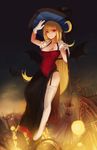  blonde_hair fang garter_straps gloves highres long_hair red_eyes saimon_ma solo thighhighs wings 