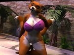  2015 3d anthro big_breasts bikini blx24 breasts brown_fur brown_nose canine cleavage clothed clothing female fox fur green_eyes hi_res hindpaw kneeling lips looking_at_viewer mammal multiple_tails navel orange_fur outside paws solo swimsuit voluptuous white_fur wide_hips 
