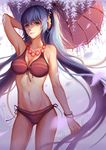  absurdres arm_up bikini blue_eyes blue_hair bracelet cr flower hatsune_miku headphones highres jewelry long_hair looking_at_viewer mole mole_under_eye mouth_hold navel necklace oriental_umbrella side-tie_bikini solo star swimsuit twintails umbrella very_long_hair vocaloid wisteria 