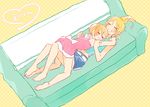  &gt;_&lt; :d ayase_eli barefoot between_breasts blonde_hair blush bow breasts closed_eyes couch denim denim_shorts dress head_between_breasts hoshizora_rin hug kyokutsuki long_hair love_live! love_live!_school_idol_project lying multiple_girls on_back open_mouth orange_hair polka_dot polka_dot_background short_hair shorts smile yuri 