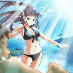  1girl air_bubble bikini black_bikini black_hair breasts breath bubble cleavage collarbone fish freediving hekyu hijikata_keisuke holding_breath long_hair medium_breasts navel sakamoto_mio smile strike_witches swimming swimsuit underwater world_witches_series 