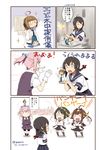  &gt;_&lt; :d carrying closed_eyes comic detached_sleeves fairy_(kantai_collection) hairband hasegawa_keita highres isonami_(kantai_collection) kantai_collection kirishima_(kantai_collection) kongou_(kantai_collection) long_hair multiple_girls no_legwear nontraditional_miko open_mouth pleated_skirt ponytail school_uniform serafuku shiranui_(kantai_collection) short_hair short_ponytail skirt smile tatsuta_(kantai_collection) tenryuu_(kantai_collection) thighhighs translation_request type_3_active_sonar xd yuudachi_(kantai_collection) 
