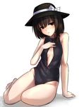  barefoot brown_eyes brown_hair cleavage_cutout front_zipper_swimsuit hair_ribbon hat hat_ribbon highleg highleg_swimsuit janne_cherry looking_at_viewer meme_attire one-piece_swimsuit ribbon sitting solo swimsuit touhou unzipped usami_renko zipper 
