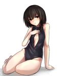  barefoot brown_eyes brown_hair cleavage_cutout front_zipper_swimsuit hair_ribbon highleg highleg_swimsuit janne_cherry looking_at_viewer meme_attire one-piece_swimsuit ribbon sitting solo swimsuit touhou unzipped usami_renko zipper 