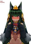  2015 animal_ears anubis_(monster_girl_encyclopedia) blush collar dated dog_ears dog_paws egyptian green_hair long_hair lutherniel monster_girl monster_girl_encyclopedia navel orange_eyes paws sidelocks signature solo upper_body very_long_hair 