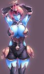  1girl antenna_hair arm_gloves armpits arms_behind_head arms_up black_legwear blue_skin breasts cleavage curvy erect_nipples gloves hair_ornament halo hera_(p&amp;d) huge_breasts looking_at_viewer nikurotsuchi_hoshi parted_lips pointy_ears purple_eyes puzzle_&amp;_dragons red_hair short_hair simple_background smile solo thigh_gap thighhighs wide_hips 