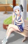  bad_id bad_pixiv_id bench blue_hair breasts cheerleader crossed_legs drum_(acta2436) hair_ribbon headgear highres kantai_collection long_hair looking_at_viewer midriff murakumo_(kantai_collection) navel open_mouth orange_eyes ribbon shirt_pull short_eyebrows sitting small_breasts solo 