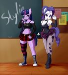  2015 absurd_res anthro anthrofied belt blue_eyes boots chalkboard clothing duo english_text equine eyeshadow female friendship_is_magic hair hi_res horn inside legwear long_hair looking_at_viewer makeup mammal my_little_pony navel purple_body purple_eyes rarity_(mlp) skecchiart skirt smile standing striped_legwear text thigh_highs twilight_sparkle_(mlp) unicorn white_body 