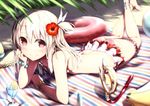  ball bare_legs beach beach_towel beachball bikini blurry blush bracelet breasts cross cross_necklace cup depth_of_field drink drinking_glass drinking_straw fate/kaleid_liner_prisma_illya fate_(series) flower fueru_nattou hair_flower hair_ornament hat hibiscus ice ice_cube illyasviel_von_einzbern innertube jewelry leg_garter leg_ribbon long_hair looking_at_viewer lotion lying magical_ruby necklace red_eyes ribbon silver_hair skirt small_breasts smile solo straw_hat striped_towel sunscreen swimsuit towel tropical_drink 