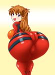  1girl artist_request ass bending_forward blue_eyes blush bodysuit breasts female from_behind hair_ornament huge_ass large_breasts leaning leaning_forward long_hair looking_at_viewer neon_genesis_evangelion open_mouth orange_hair plugsuit smile solo soryu_asuka_langley 