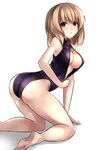  ass barefoot blonde_hair breasts brown_eyes cleavage cleavage_cutout front_zipper_swimsuit highleg highleg_swimsuit janne_cherry kneeling large_breasts looking_at_viewer looking_back maribel_hearn meme_attire one-piece_swimsuit solo swimsuit touhou unzipping zipper 