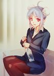  business_suit formal highres pantyhose red_eyes saimon_ma short_hair silver_hair solo suit 