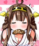  ahoge bare_shoulders brown_hair chocolate chocolate_heart closed_eyes detached_sleeves headgear heart japanese_clothes kantai_collection kongou_(kantai_collection) nontraditional_miko solo twitter_username yuuki_hb 