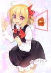  absurdres ahoge blonde_hair boned_meat fang food hair_ribbon highres juliet_sleeves long_sleeves looking_at_viewer meat necktie niwashi_(yuyu) open_mouth puffy_sleeves red_eyes ribbon rumia shirt skirt skirt_set smile solo speech_bubble touhou undone_necktie vest 