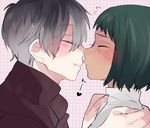  1girl bad_id bad_pixiv_id black_hair blush dark_skin flying_sweatdrops gradient_hair green_hair grey_hair hands_on_another's_shoulders heart imminent_kiss multicolored_hair mutsuki_tooru nemui_neko polka_dot polka_dot_background profile sasaki_haise short_hair smile tokyo_ghoul tokyo_ghoul:re 