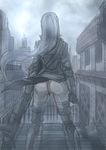  ass bandages bloodborne building dual_wielding from_behind gun holding hunter_(bloodborne) long_hair solo sword thighhighs uniphon weapon wind wind_lift 