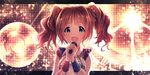  bare_shoulders blush brown_hair green_eyes highres idolmaster idolmaster_(classic) idolmaster_2 ima_(lm_ew) long_hair microphone music open_mouth scrunchie singing smile solo takatsuki_yayoi twintails wrist_cuffs 