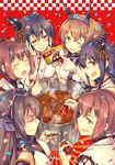  :d ;d ^_^ black_hair brown_eyes brown_hair closed_eyes confetti cooking curry detached_sleeves food fusou_(kantai_collection) gloves hair_ornament hairband hands_on_own_cheeks hands_on_own_face headgear highres hyuuga_(kantai_collection) ise_(kantai_collection) japanese_clothes kantai_collection ladle long_hair multiple_girls mutsu_(kantai_collection) nagato_(kantai_collection) one_eye_closed open_mouth pepper ponytail red_eyes short_hair smile takitarou translated yamashiro_(kantai_collection) 