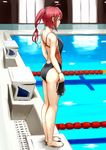  ahoge alternate_costume ass barefoot competition_swimsuit from_side full_body goggles goggles_removed hair_ribbon holding i-168_(kantai_collection) kantai_collection lane_line long_hair lying one-piece_swimsuit ponytail pool poolside red_eyes red_hair ribbon satsuki_neko starting_block swimsuit 