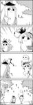  1girl 4koma ? arms_up basket comic commentary crane_stance greyscale hair_ribbon hat highres kamishirasawa_keine konpaku_youmu konpaku_youmu_(ghost) lily_white long_sleeves martial_arts monochrome pose ribbon smile standing standing_on_one_leg surprised tani_takeshi touhou translated tree wide_sleeves yukkuri_shiteitte_ne |_| 