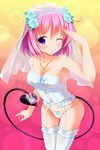  bashen_chenyue box breasts bridal_veil bride demon_tail garter_straps gift gift_box highres medium_breasts momo_velia_deviluke panties pink_hair purple_eyes short_hair solo tail tail_hold thighhighs to_love-ru to_love-ru_darkness underwear veil 