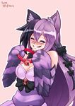  2014 animal_ears bare_shoulders bell bell_collar black_hair blush bow breasts cat_ears cat_paws cheshire_cat_(monster_girl_encyclopedia) cleavage closed_eyes collar dated hair_bow large_breasts long_hair lutherniel monster_girl monster_girl_encyclopedia multicolored_hair paws purple_hair signature smile solo upper_body very_long_hair 