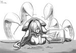  2014 bottle breasts cleavage concentrating dated elbow_gloves gloves glue greyscale hair_over_one_eye kraken_(monster_girl_encyclopedia) large_breasts long_hair lutherniel monochrome monster_girl monster_girl_encyclopedia scylla ship ship_in_a_bottle signature sketch solo suction_cups sweat tentacles watercraft 