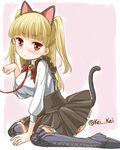  animal_ears bell bell_collar blonde_hair blush boots cat_ears cat_tail collar cross-laced_footwear fake_animal_ears kei_kei kemonomimi_mode lace-up_boots leash long_hair long_shadow looking_at_viewer paw_pose red_eyes shirt sitting skirt solo tail thigh_boots thighhighs tokyo_7th_sisters two_side_up uesugi_u_kyouko wariza 