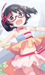  :d akagi_miria bespectacled black_hair blush brown_eyes detached_collar glasses highres idolmaster idolmaster_cinderella_girls midriff mismatched_legwear mizu_asato navel open_mouth outstretched_arms pikapikapop short_hair smile solo spread_arms thighhighs twintails two_side_up 