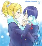  ayase_eli blonde_hair blue_eyes blue_hair blush bow braid eye_contact gloves kisaragi_mizu long_hair looking_at_another love_live! love_live!_school_idol_project mittens multiple_girls ponytail scarf signature smile sonoda_umi twitter_username winter_clothes yellow_buttons yuri 