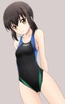  arms_behind_back asics ass bare_shoulders brown_eyes brown_hair collarbone competition_swimsuit covered_navel cowboy_shot dutch_angle eyebrows_visible_through_hair fubuki_(kantai_collection) fuuma_nagi grey_background hair_between_eyes kantai_collection looking_at_viewer one-piece_swimsuit short_hair short_ponytail sidelocks simple_background smile solo swimsuit 