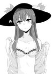  blush bra collarbone flat_chest food fruit greyscale hat hickey hinanawi_tenshi long_hair looking_at_viewer momoiro_lettuce monochrome open_clothes open_shirt peach shirt solo squiggle touhou underwear undressing upper_body 