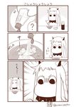  &gt;_&lt; ? bottle bowl closed_eyes comic commentary cosplay emphasis_lines food highres holding horns kantai_collection long_hair mittens monochrome moomin muppo no_humans noodles northern_ocean_hime northern_ocean_hime_(cosplay) pepper pepper_shaker ramen sazanami_konami shinkaisei-kan sneezing spoken_question_mark translated 
