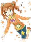  bag blue_eyes blush brown_hair handbag hood hoodie idolmaster idolmaster_(classic) nasuna open_mouth running short_hair smile solo takatsuki_yayoi twintails 