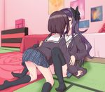  2girls arm_grab blush bow brown_hair cardigan hair_bow hanayamata kiss kneehighs kneeling long_hair low_twintails multiple_girls plaid plaid_skirt purple_eyes purple_hair sasame_yaya school_uniform sekiya_naru serafuku short_hair skirt thighhighs twintails yuri 