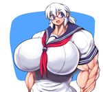  blue_eyes breasts extreme_muscles gigantic_breasts glasses mocoack school_uniform smile white_hair 