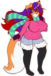  anthro big_breasts black_nose breasts canine clothed clothing fangs female fox fur fyxe hair huge_breasts long_hair looking_at_viewer mammal mittens open_mouth orange_fur purple_eyes purple_hair red_hair scarf smile solo sweater white_fur 