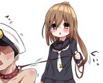  1girl admiral_(kantai_collection) bdsm blush brown_hair collar fumizuki_(kantai_collection) kantai_collection leash_pull mitsudoue ponytail translated white_neckwear 