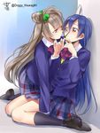  blazer blue_hair blush bow brown_eyes brown_hair checkered checkered_bow checkered_skirt chopsticks food hair_bow highres jacket kisaragi_mizu long_hair love_live! love_live!_school_idol_project minami_kotori multiple_girls one_side_up otonokizaka_school_uniform pocky school_uniform signature skirt smile sonoda_umi twitter_username yuri 