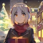  1girl bangs black_jacket brown_eyes building christmas christmas_ornaments christmas_tree closed_mouth commentary earmuffs english_commentary eyebrows_visible_through_hair gift girls_frontline head_tilt hentaki holding holding_gift jacket light_brown_hair looking_at_viewer mp40_(girls_frontline) night outdoors parted_bangs red_scarf scarf sidelocks skyscraper smile snow snowflakes solo upper_body watermark web_address 