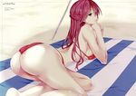  absurdres asami_lilith ass bare_legs barefoot beach bikini blue_eyes breasts chin_rest half_updo highres large_breasts long_hair lying nao_akinari red_bikini red_hair scan sideboob smile solo swimsuit trinity_seven 