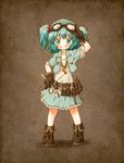  aqua_eyes aqua_hair arinu brown_gloves gloves goggles goggles_on_head hair_bobbles hair_ornament jacket jewelry kawashiro_nitori key necklace open_clothes open_jacket pendant shirt skirt smile solo standing tool_belt touhou two_side_up wrench 