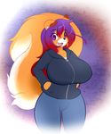  anthro big_breasts black_nose breasts canine clothed clothing fangs female fox fur fyxe hair hoodie huge_breasts long_hair looking_at_viewer mammal open_mouth orange_fur purple_eyes purple_hair red_hair smile solo white_fur wide_hips 