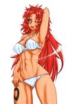  abs arm_up armpits bikini blush breasts large_breasts long_hair lowleg navel one_eye_closed parted_lips purple_eyes queen's_blade red_hair risty solo strap_gap swimsuit tattoo toned twrlare 