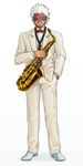  bad_id bad_pixiv_id beard bow bowtie facial_hair full_body godot goma_(goma-folio) gyakuten_saiban hand_in_pocket highres instrument jacket male_focus saxophone shoes simple_background smile solo strap tuxedo visor white_background white_footwear white_hair white_jacket 