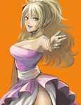  bad_id bad_pixiv_id bare_shoulders blonde_hair blue_eyes breasts cleavage dress earrings fairy_tail finger_gun ginger_(niningasi) jenny_realight jewelry large_breasts long_hair necklace parted_lips pointing pointing_at_viewer side_slit strapless strapless_dress tattoo 