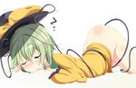  aki_(akikaze_asparagus) ass blush bottomless bow closed_eyes drooling green_hair hat hat_bow komeiji_koishi long_sleeves open_mouth short_hair simple_background sleeping solo top-down_bottom-up touhou white_background zzz 