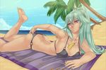  adjusting_clothes adjusting_swimsuit agarest_senki agarest_senki_(series) ass banana barefoot beach beach_towel between_breasts bikini_tan breasts butt_crack cleavage collarbone dark_skin day dyshana_(agarest_senki) food fruit green_hair highres large_breasts long_hair lunaismaiwaifu lying nose on_stomach phallic_symbol ponytail purple_eyes sexually_suggestive soles solo strap_gap swimsuit tan tanline toes towel 